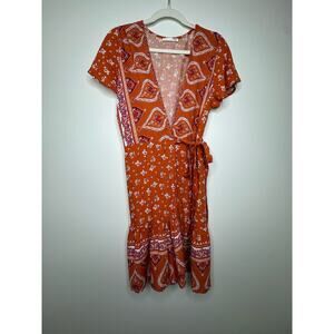 R. Vivimos Orange Bohemian Floral Wrap Around Dress Size L